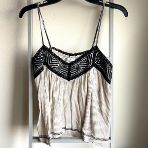 Cream and black pinstripe embroidered tank